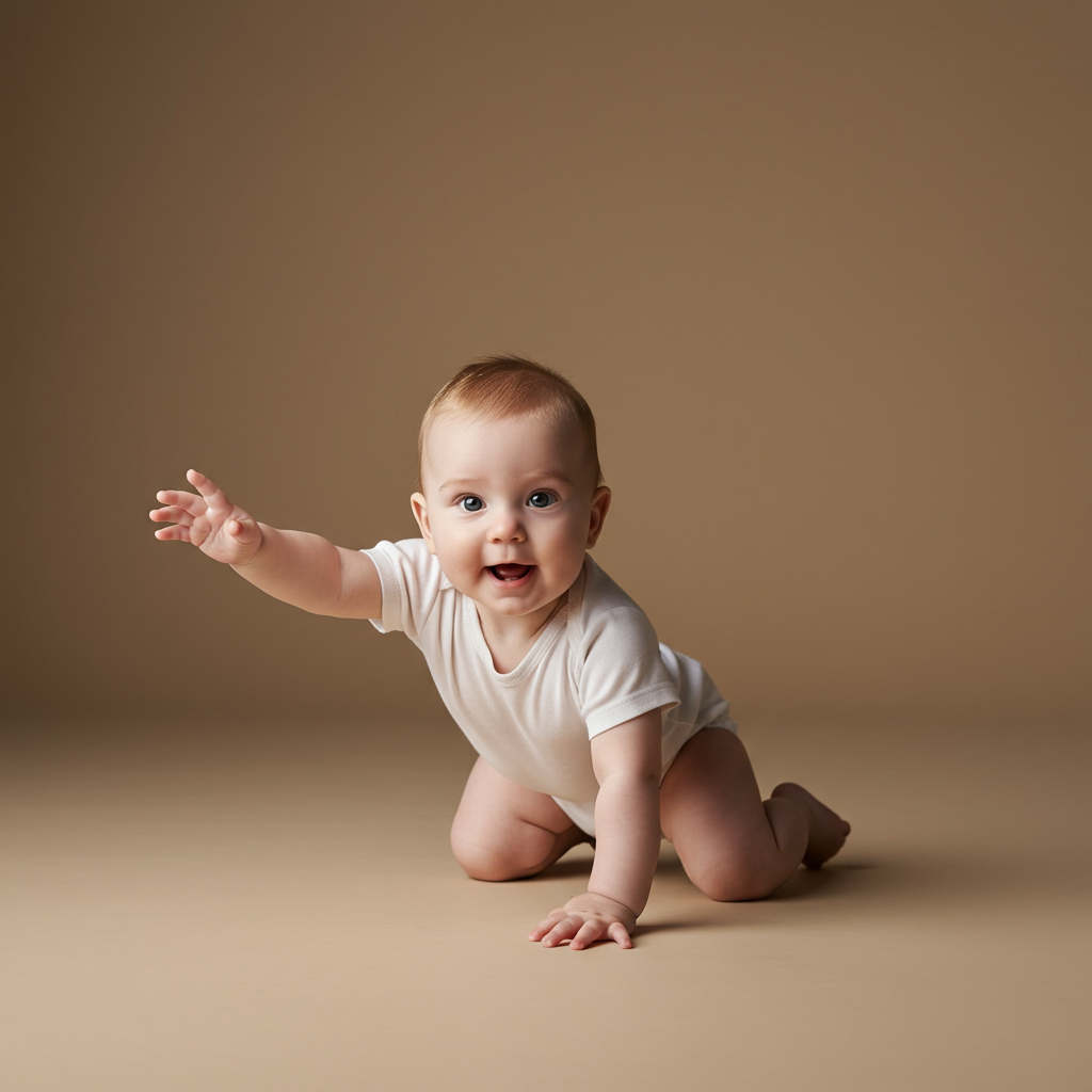 Baby reaching while crawling — innate stabilization pattern