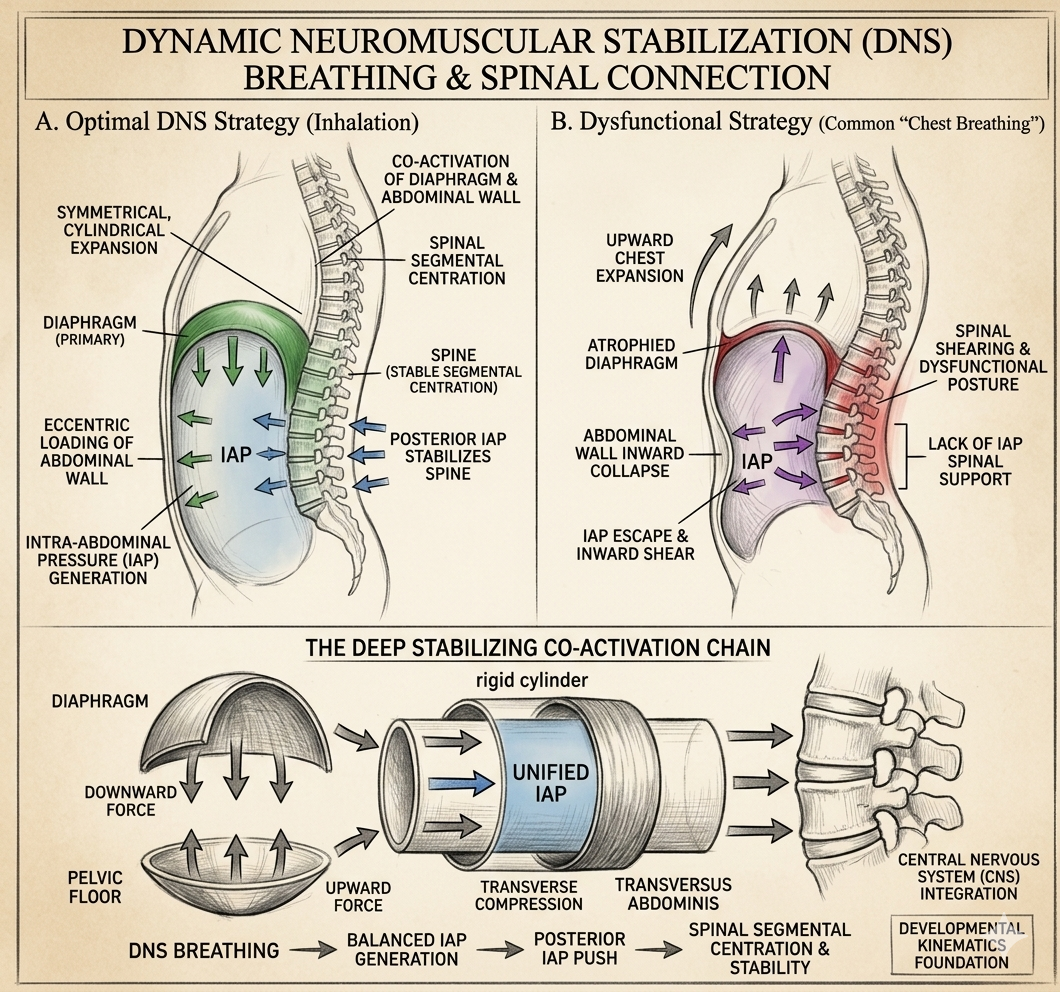 DNS breathing and spinal connection diagram comparing optimal diaphragmatic strategy with dysfunctional chest breathing