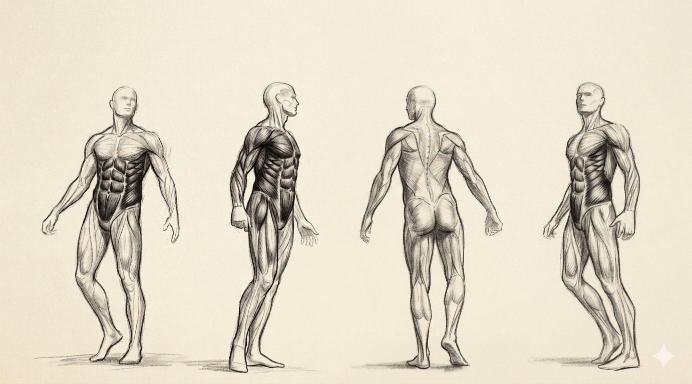 Anatomical sketch showing core musculature from front, side, and back views