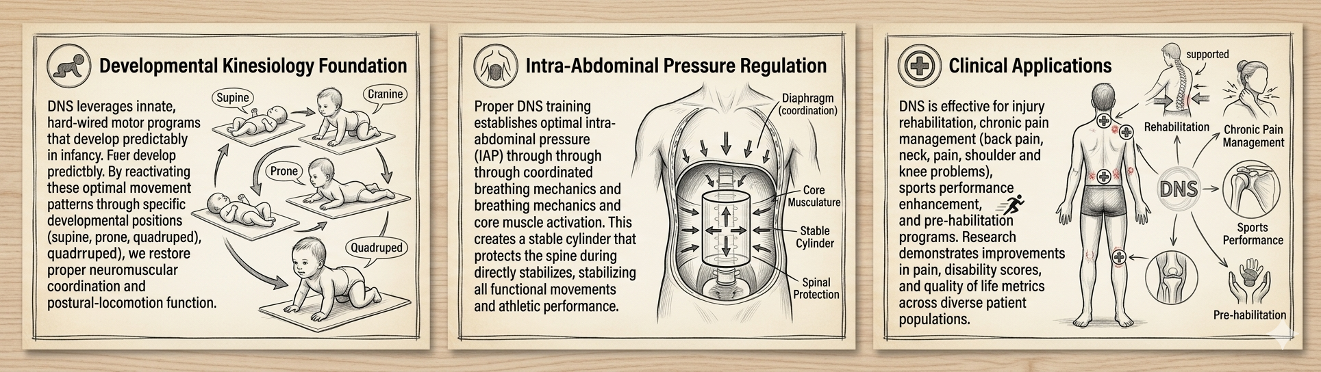 Three illustrated panels showing developmental kinesiology foundation, intra-abdominal pressure regulation, and clinical applications of DNS