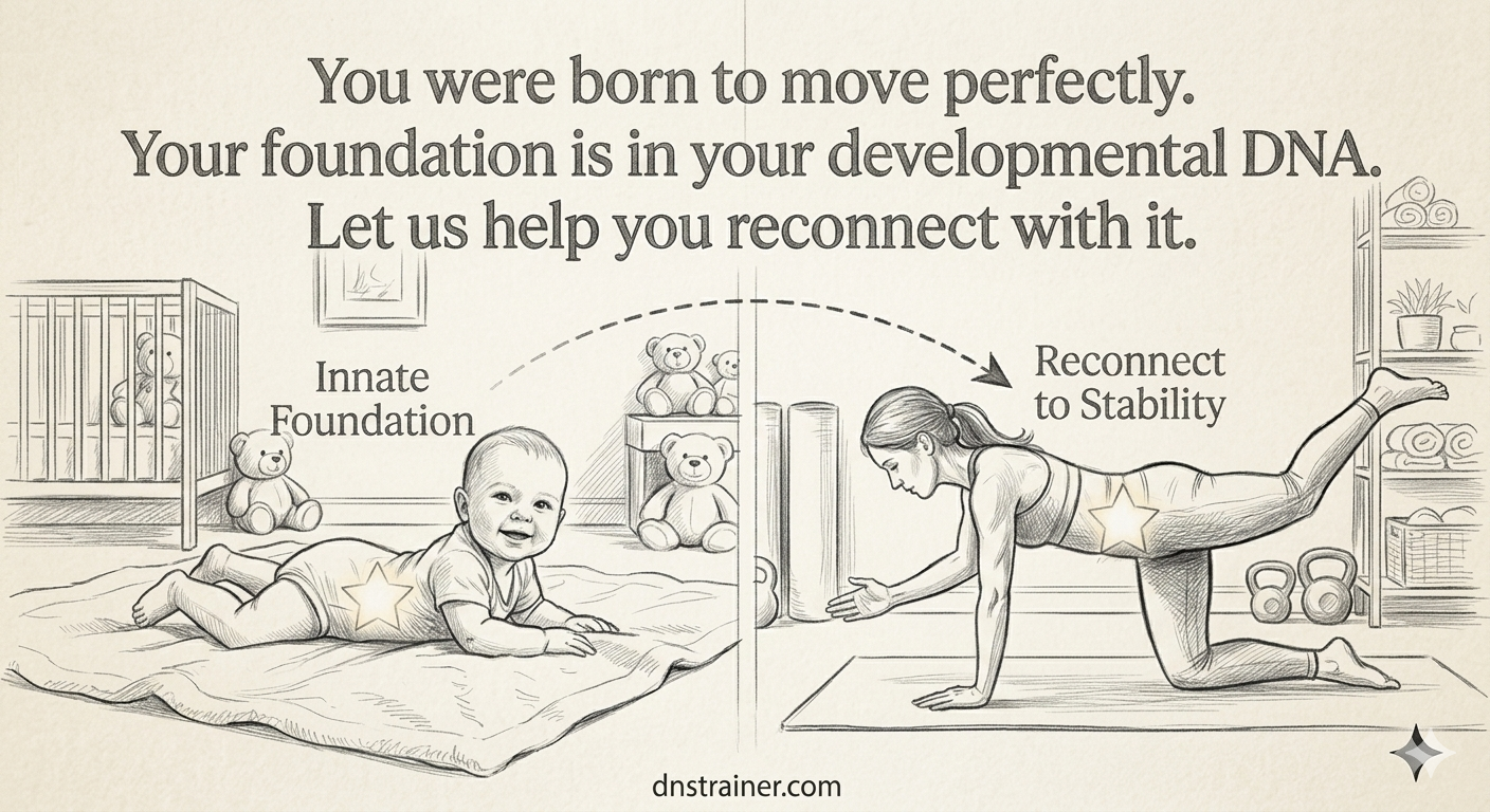 Illustration showing innate developmental movement foundation in an infant and reconnecting to stability as an adult