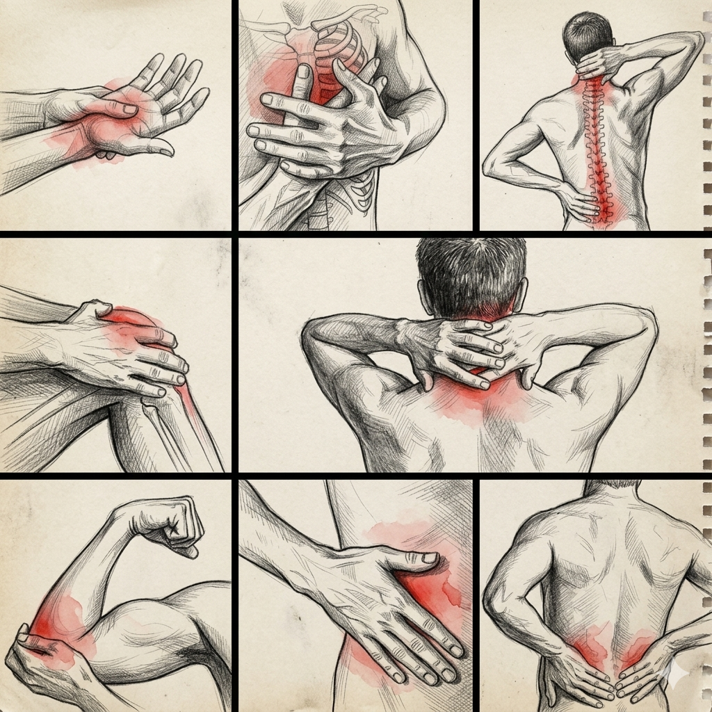 Sketches of common chronic pain areas including wrist, shoulder, neck, knee, back and hip