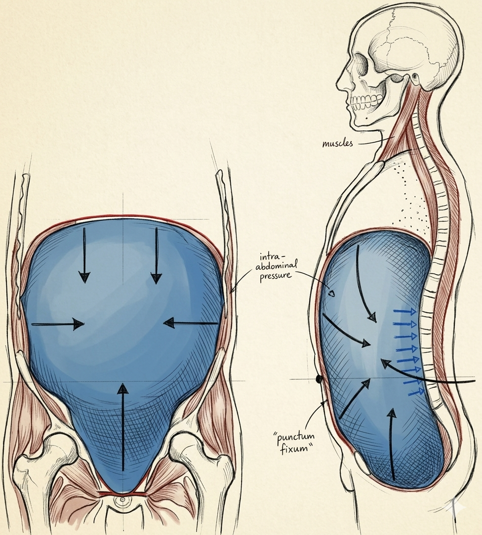 Diagram showing diaphragm descent and intra-abdominal pressure creating 360-degree spinal support
