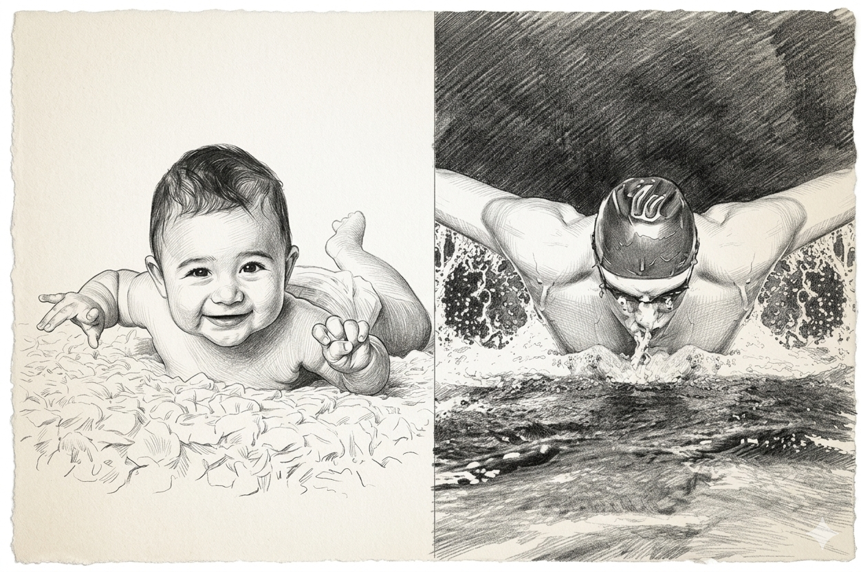 Infant developmental position alongside an elite swimmer demonstrating shared stabilization principles