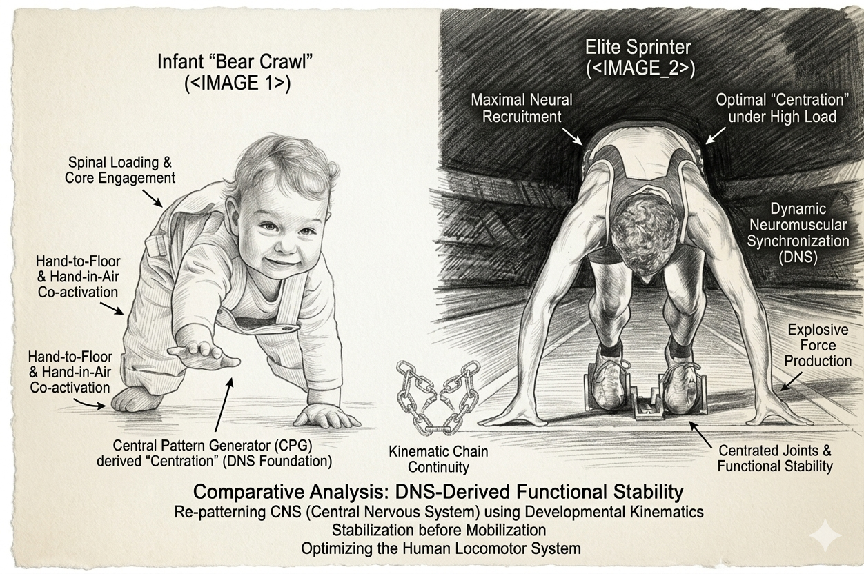 Comparative analysis of infant bear crawl and elite sprinter showing DNS-derived functional stability