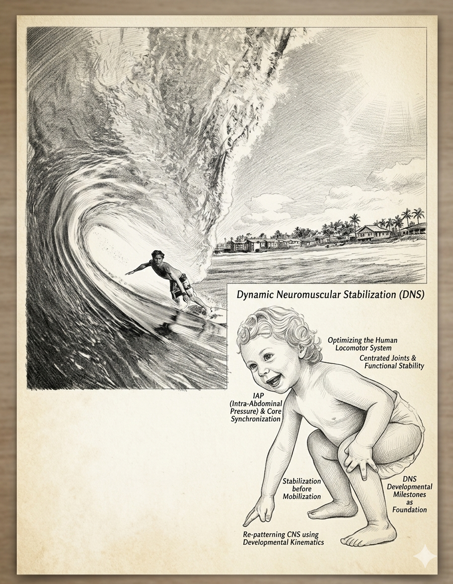 Surfer in a barrel illustrating dynamic stability, with DNS developmental annotations
