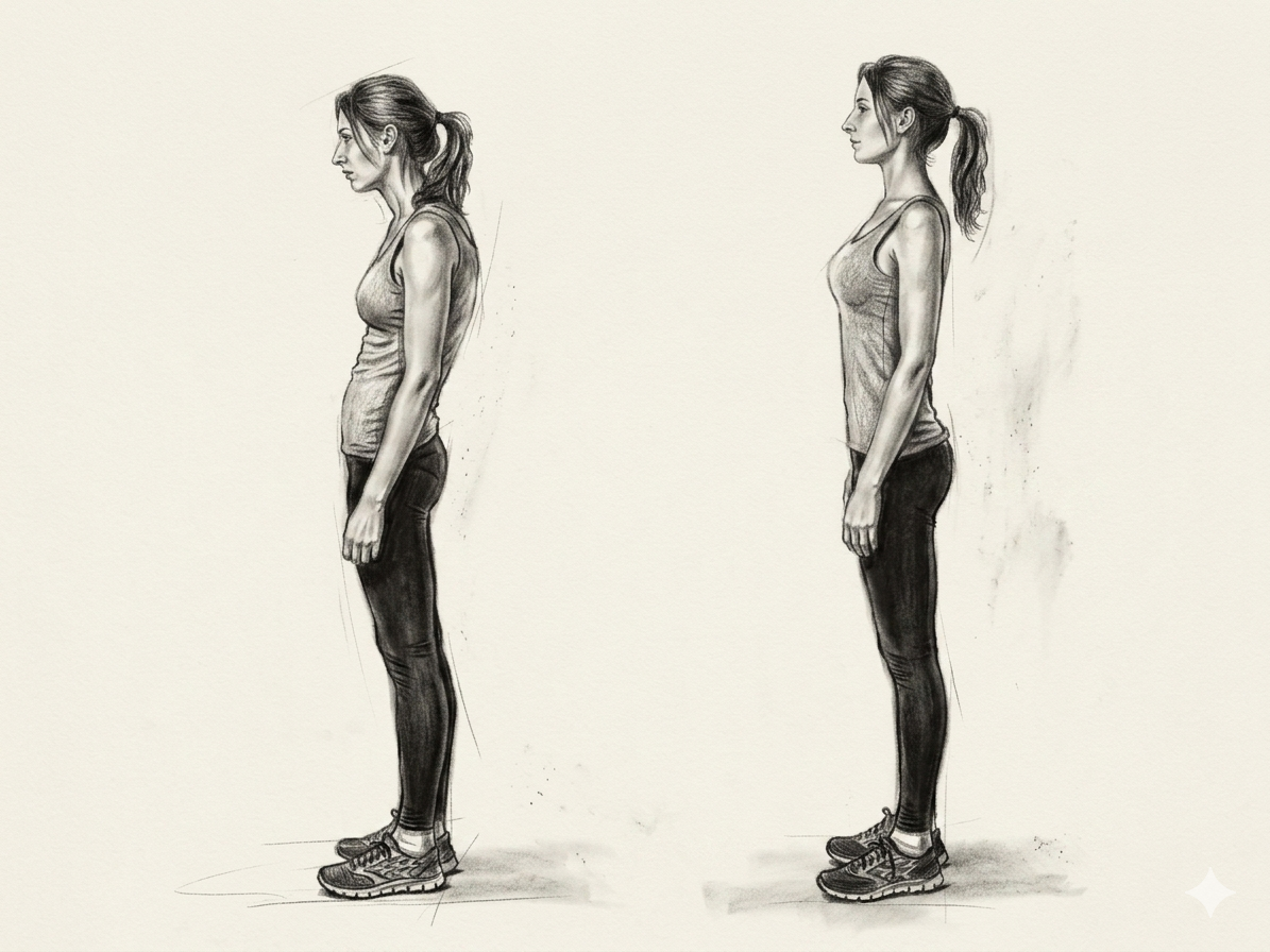 Side-by-side comparison of kyphotic (slouched) posture and upright posture in a woman