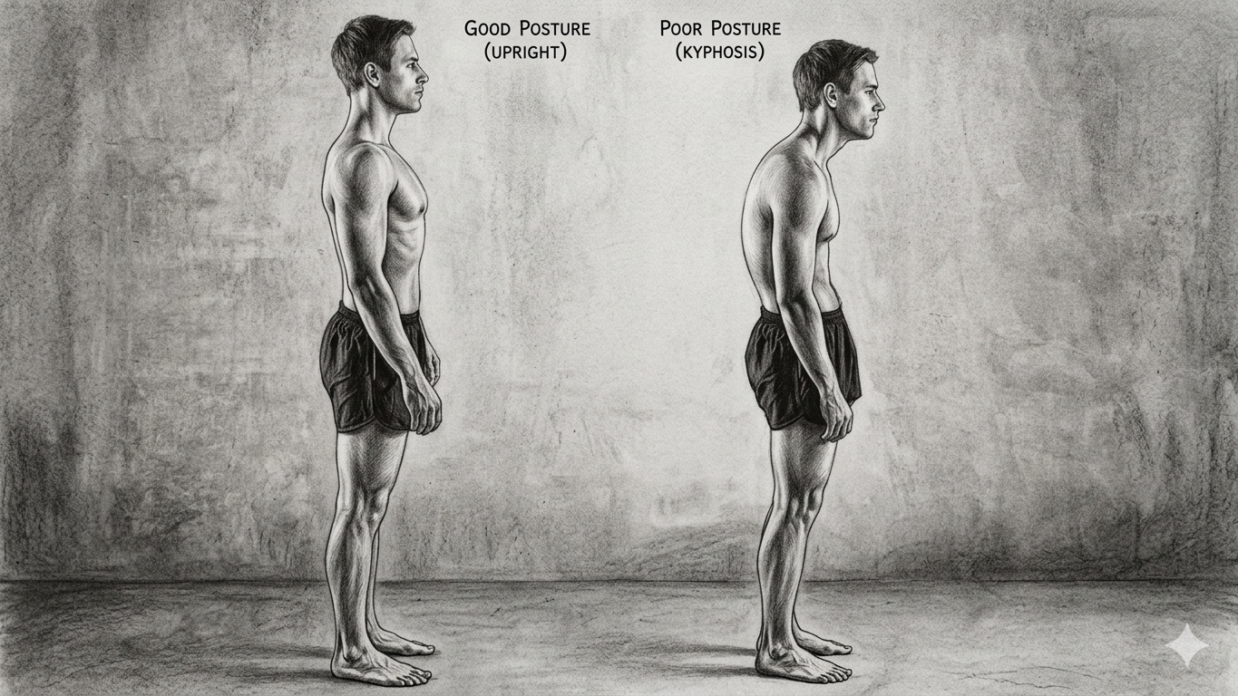 Side-by-side comparison of upright posture and kyphotic (slouched) posture in a man